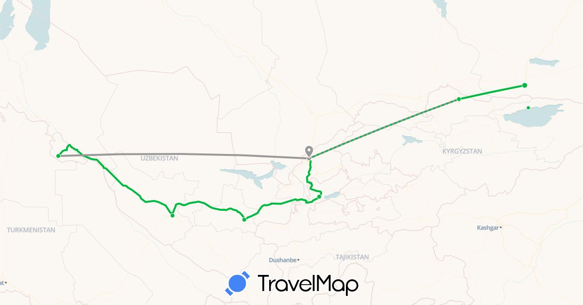 TravelMap itinerary: bus, plane in Kyrgyzstan, Kazakhstan, Tajikistan, Uzbekistan (Asia)
